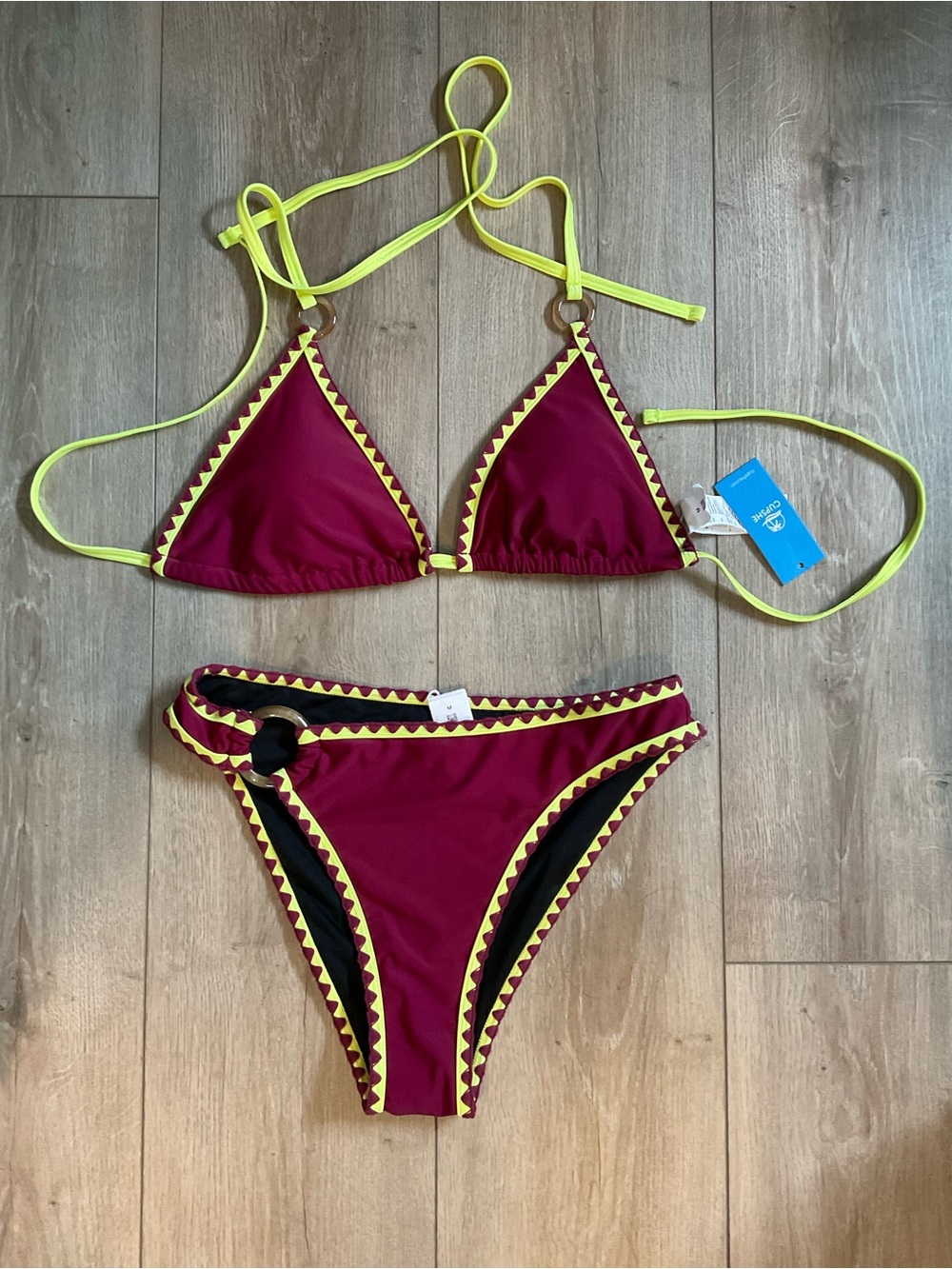 Cupshe Maroon Triangle Bikini with Neon Yellow Trim medium